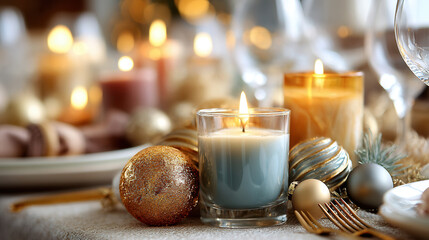 Festive holiday table setting with lit candles, decorative ornaments, and elegant tableware creates warm and inviting