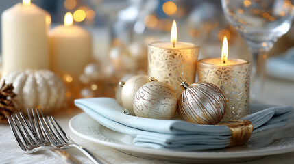 Elegant holiday table setting with candles and ornaments creating warm festive atmosphere