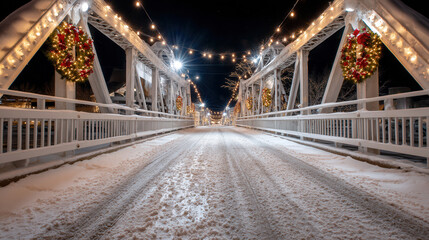 Snow covered bridge decorated with holiday wreaths and string lights at night, creating festive and cozy winter scene