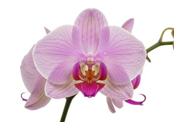 Fototapeta premium Close-up of a blooming light pink orchid flower with water droplets on petals