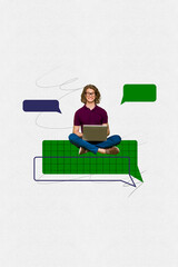 Art image vertical photo collage of happy guy hold laptop type message communication icon...