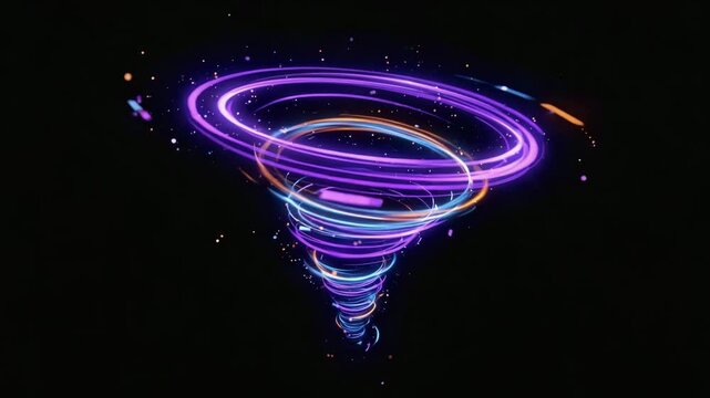 rotating neon purple spiral vortex with glowing lines, swirling motion in dark background, futuristic sci-fi tunnel animation