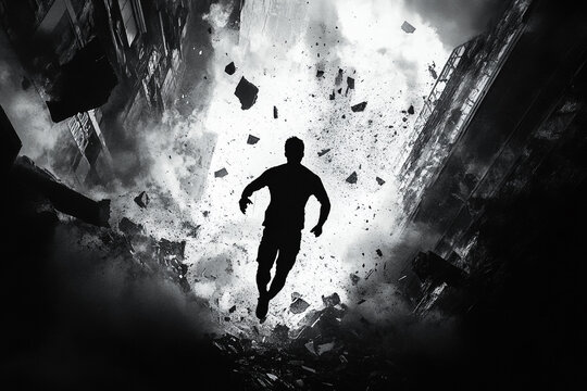 Silhouette of a man running from a collapsing building