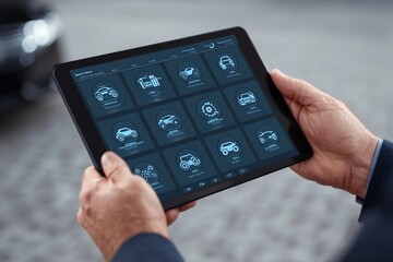 Technician using tablet to monitor vehicle diagnostics at repair shop