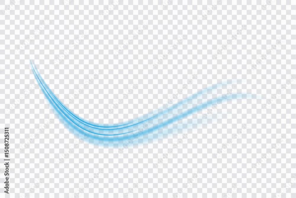 Poster wavy transparent curved lines in the form of a blue wave, dynamically flowing sea water in a large s