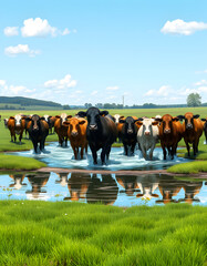 A massive gathering of grazing cows leisurely wading through a refreshing shallow pond on a lush, expansive ranch under a bright azure sky., comic art. with white shades