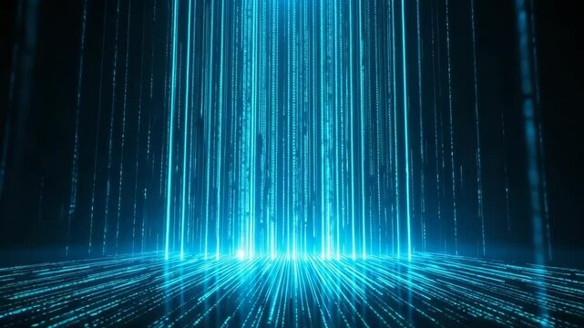 vertical glowing blue light columns falling slowly in a dark space background, abstract futuristic animation for tech visuals