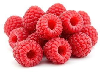 Pile of fresh raspberries on a white background, close up