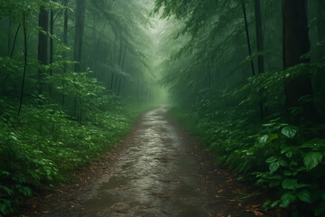 Obraz premium Mysterious forest pathway shrouded in mist and greenery