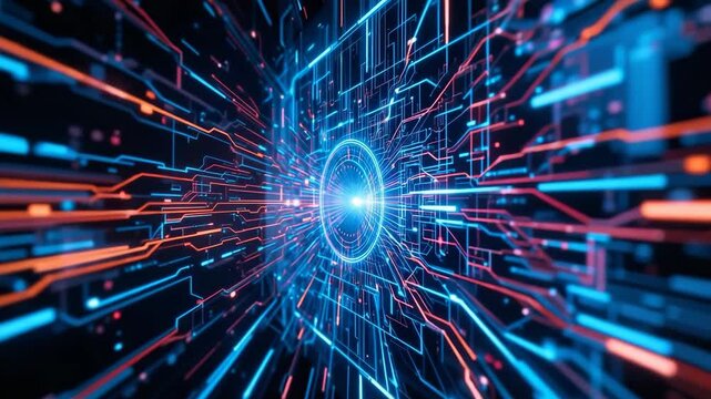 digital energy tunnel with glowing blue and red particles moving through high-tech space, sci-fi animated background for virtual travel