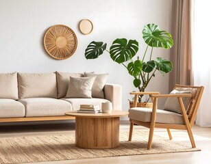 Modern Minimalist Living Room with indoor plants and Natural Materials