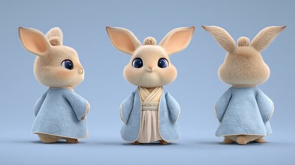 Obraz premium 파스텔 블루 전통의상 입은 아기 토끼 캐릭터 AI 생성
