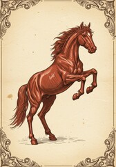 Cartoon red horse with yellow saddle against blue background  