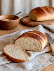 Naklejka premium Freshly baked artisanal bread loaf sliced on a linen cloth with a wooden bowl in the background
