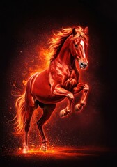 Cartoon red horse with yellow saddle against blue background  