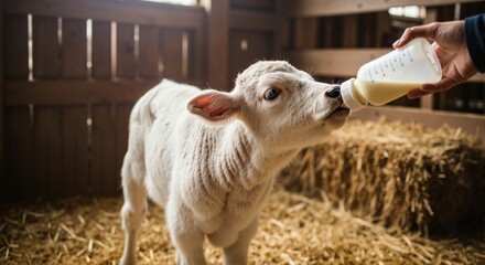 Person feeding a white calf with a milk bottle in a barn. Agriculture and animal husbandry concept. Farm life for design background.