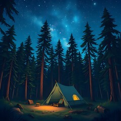 forest campsite with tent under the stars