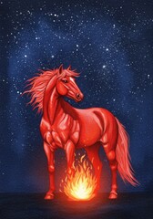 Obraz premium Cartoon red horse with yellow saddle against blue background 