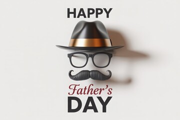 fathers day design with black hat gold band eyeglasses mustache and text layout on white background for dad celebration