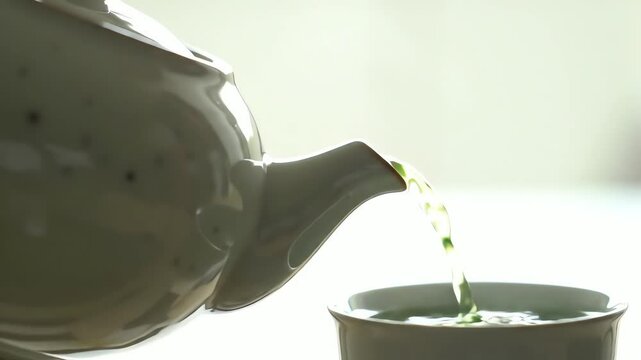 Close-up of a stream of green tea being poured from a light-colored teapot into a matching cup, with soft light from a window in the background