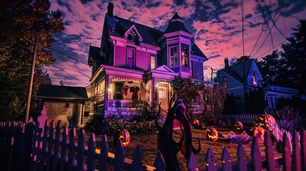 Fototapeta premium Sinisterly Stylish Halloween-Decorated House: Creepy Couture, Haunted Halls, and Spine-Chilling Spectacle for Trick-or-Treat Mayhem