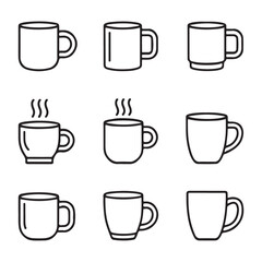 Mug and Hot Beverage Icons Set. Simple Line Art Illustrations of Various Coffee Mugs
