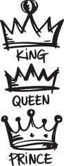 Hand drawn crowns for king queen and prince, Royal crown sketch set for regal theme designs