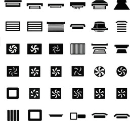 Create a kinds of Ventilation and roofing solid icons set – air circulation, roof ventilation, havoc symbols vector art silhouette white background.