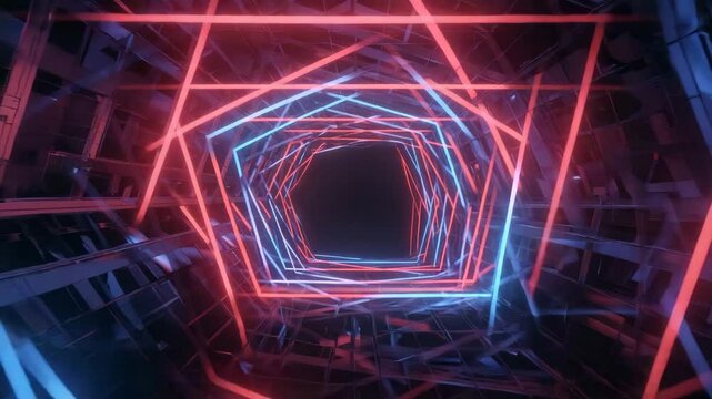 spinning glowing red neon hexagon tunnel in motion, abstract digital loop with sci-fi feel and high energy futuristic movement