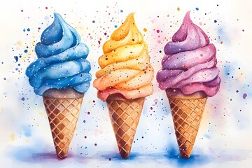 watercolor ice cream cones in usa colors with confetti