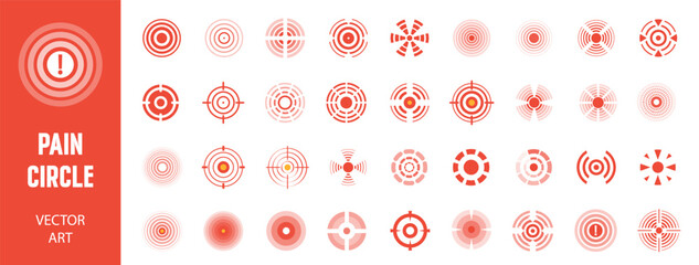 Red pain circles. Pain localization sign and pointings set icon