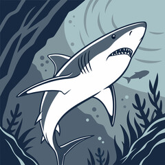 Naklejka premium Great White Shark Swimming Underwater in Ocean with Seaweed and Fish