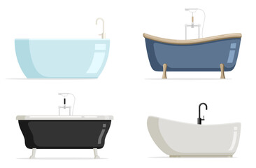 Bathtub for bathing in flat style. Vector set