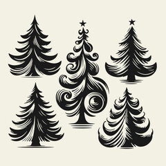 Set of elegant vintage-style black and white Christmas trees. Hand-drawn with bold lines and high contrast in classic linocut technique, perfect for retro holiday designs and decorations.