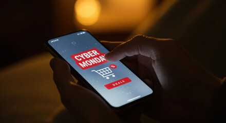 Mobile phone displaying cyber monday deals app in handheld closeup.