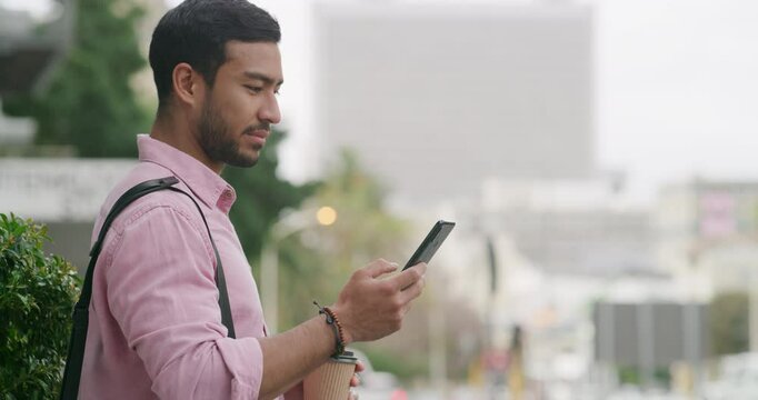Phone, coffee and business with man in city for ehailing service, taxi cab app search and communication. Location, networking and rider request with person for transport tracking and waiting
