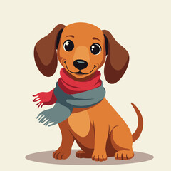 Adorable dachshund puppy wearing red and gray scarf. This cute canine friend is perfect for children's books, greeting cards, or pet shop advertising.