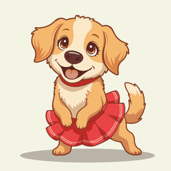 Adorable golden retriever puppy in red skirt. Happy dog standing on hind legs. This charming illustration is perfect for pet adoption posters, children's books, or greeting cards.