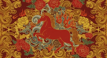 Red horse artwork with floral patterns and gold accents for Year of the Red Fire Horse  