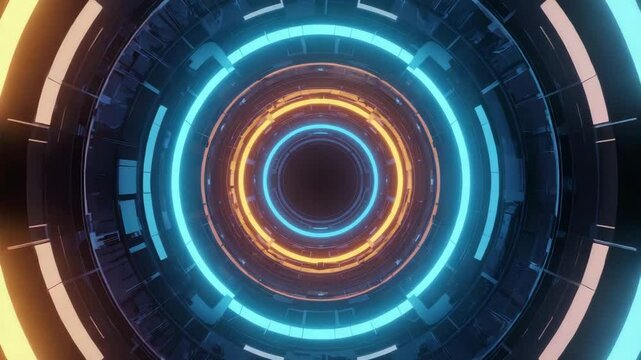glowing orange and blue circular tunnel spinning forward in futuristic abstract style, perfect for digital background animation