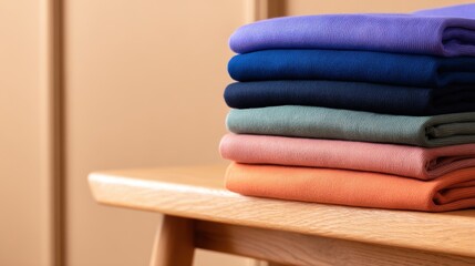 Neatly stacked colorful fabrics on a wooden table with a warm background ambiance