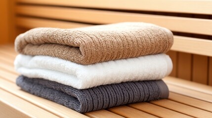 Soft, stacked towels in neutral colors resting on a wooden bench in a serene spa environment