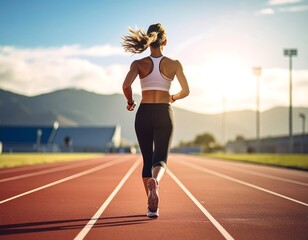 Woman runs on track, sunlit; rear view
