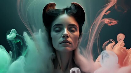 Serene Woman with Colorful Smoke Hair - Powered by Adobe