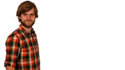 Smiling fair haired man in plaid shirt, cut out transparent