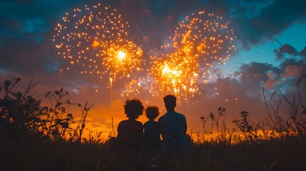 family watching fireworks during juneteenth celebration, night sky background