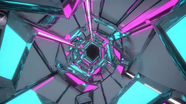 futuristic neon tunnel with blue and pink glowing geometric shapes spinning inward, perfect for digital sci-fi background loop