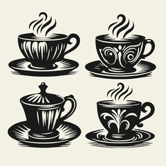 Collection of elegant vintage-style black and white tea cups. Hand-drawn in linocut technique with bold outlines and classic shapes, perfect for retro designs and tea-themed projects.