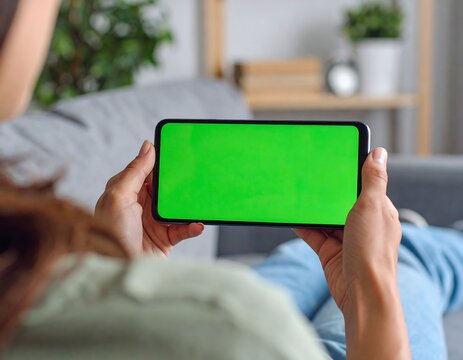 Person relaxing on sofa, holding smartphone with green screen - Powered by Adobe