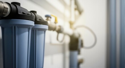 Water filter system with blue cartridges on pipes. Plumbing installation for clean drinking water supply. Home and commercial application.